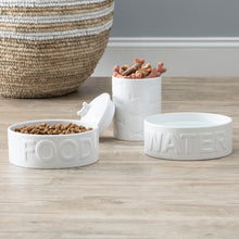 Load image into Gallery viewer, 3 PIECE SET CLASSIC WATER AND FOOD BOWL WHITE AND MANOR TREAT JAR - Park Life Designs